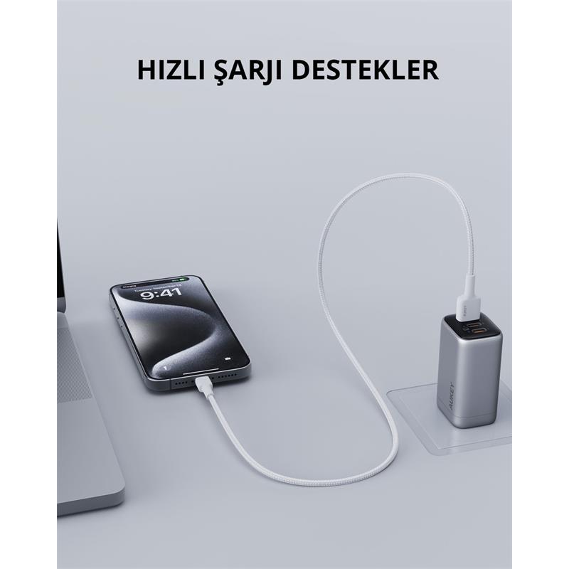 resimler/genel/AUKEY CB-BAL7-WH NAYLON ÖRGÜLÜ USB-A LİGHTNİNG KABLOSU 0.9MT