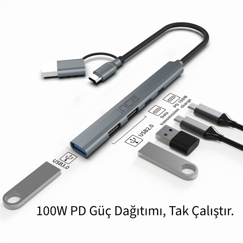 resimler/genel/INCA IUTP-06T USB 3.0 TYPE-C 3.1 HUB 1 X USB 3.0 +2 X USB+TYPE-C+PD100W 2.0 ALUMINYUM KASA ÇOKLAYICI