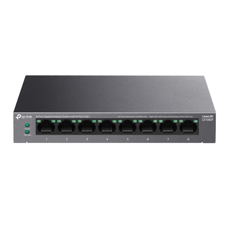 resimler/genel/TP-LINK LS108GP 8 PORT GIGABIT + RJ45 62W 250 METRE POE MESAFE METAL KASA