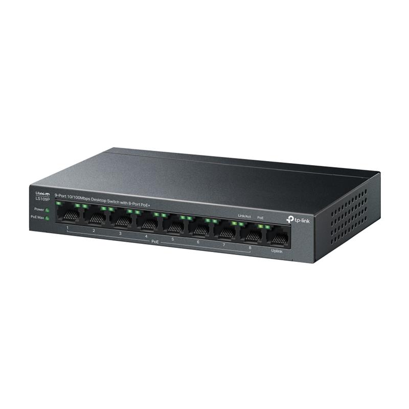 resimler/genel/TP-LINK LS109P 8 PORT 10/100 +1 PORT RJ45 UPLINK 63W 250 METRE POE MESAFE METAL KASA SWITCH