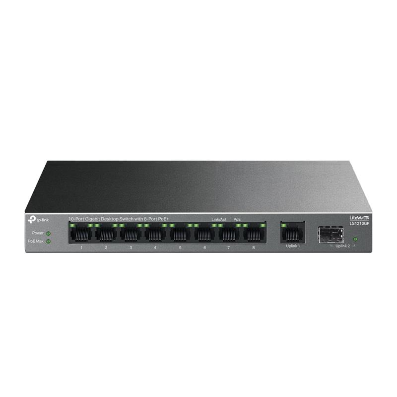 resimler/genel/TP-LINK LS1210GP 8 PORT GIGABIT + 1XRJ45/1XSFP UPLINK 61W 250 METRE POE MESAFE METAL KASA